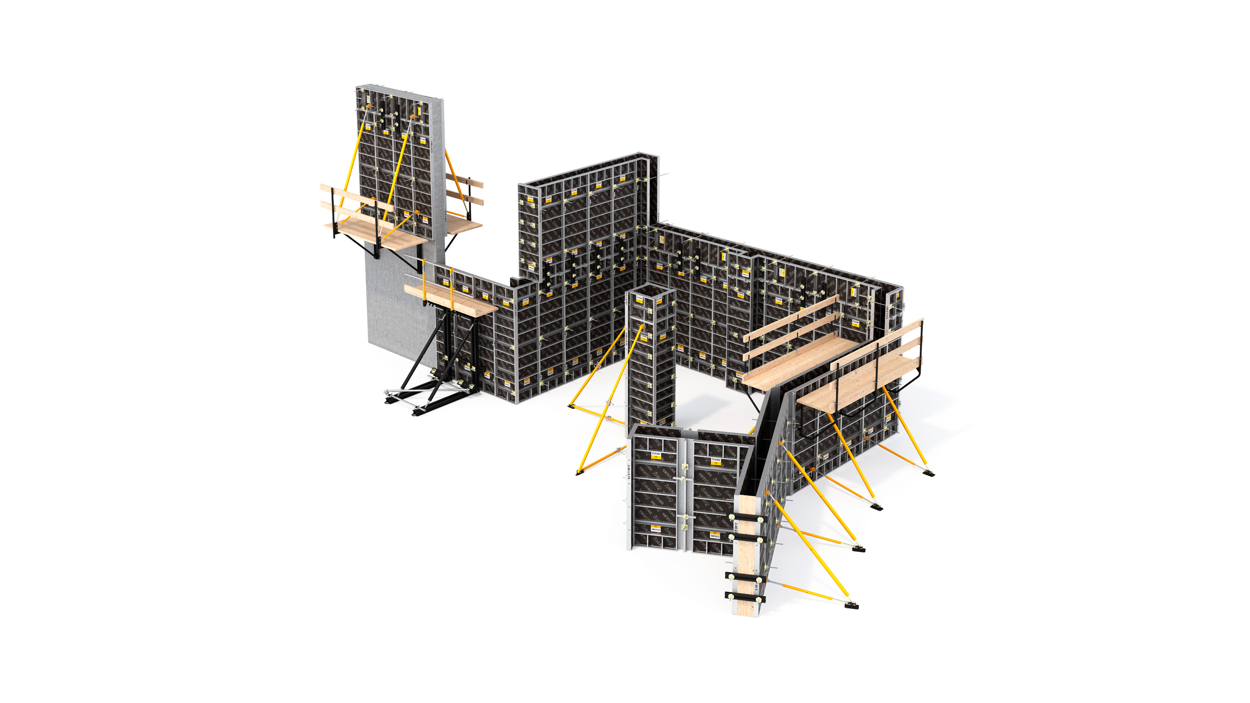 Light yet sturdy wall and column formwork with a wide range of multifunctional panels. Perfect for complex geometrical structures. Manual handling or gang forming.