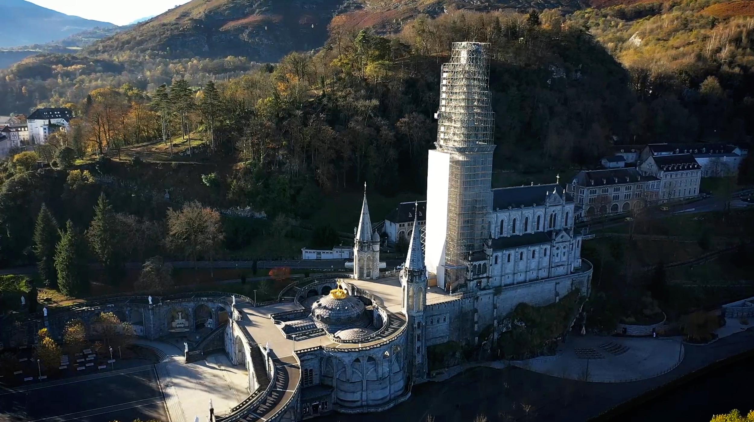 Restoration work on the bell tower of the Basilica of the Immaculate Conception, known as the Sanctuary of Our Lady of Lourdes, France.